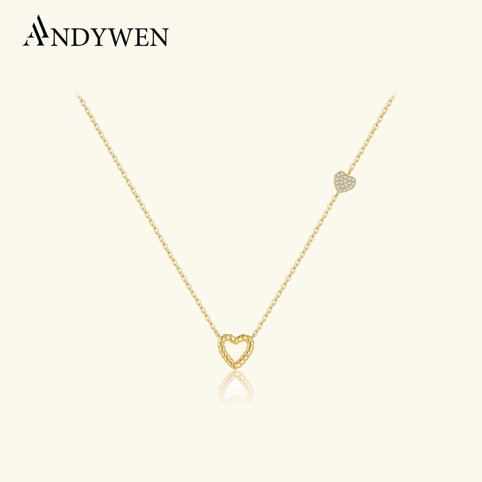 

ANDYWEN 925 Sterling Silver Dual Heart Necklace with CZ Zircon Romantic Braided Design for Valentine's Gift Anniversary Jewelry