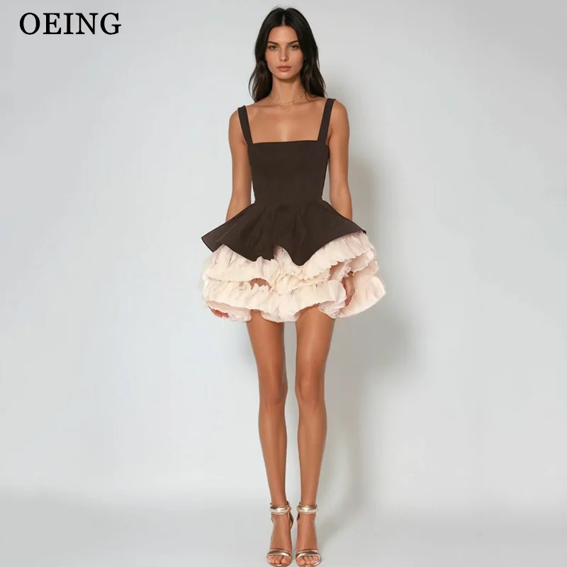 

OEING Cute A-Line Prom Dresses Sleeveless Contrast Color Satin Mini Tiered Party Dresses Girl's Dress vestidos Customized