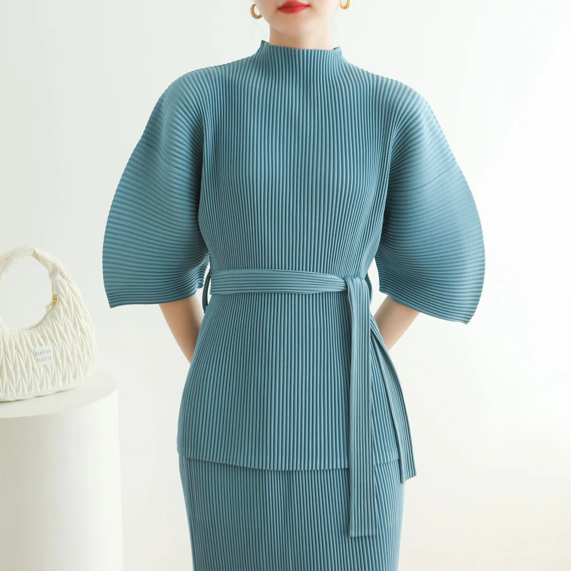 미야케 플리츠 2026 봄 여름 신상 고급 플리츠 의류 패션 루즈 배트 슬리브 솔리드 컬러 캐주얼 탑