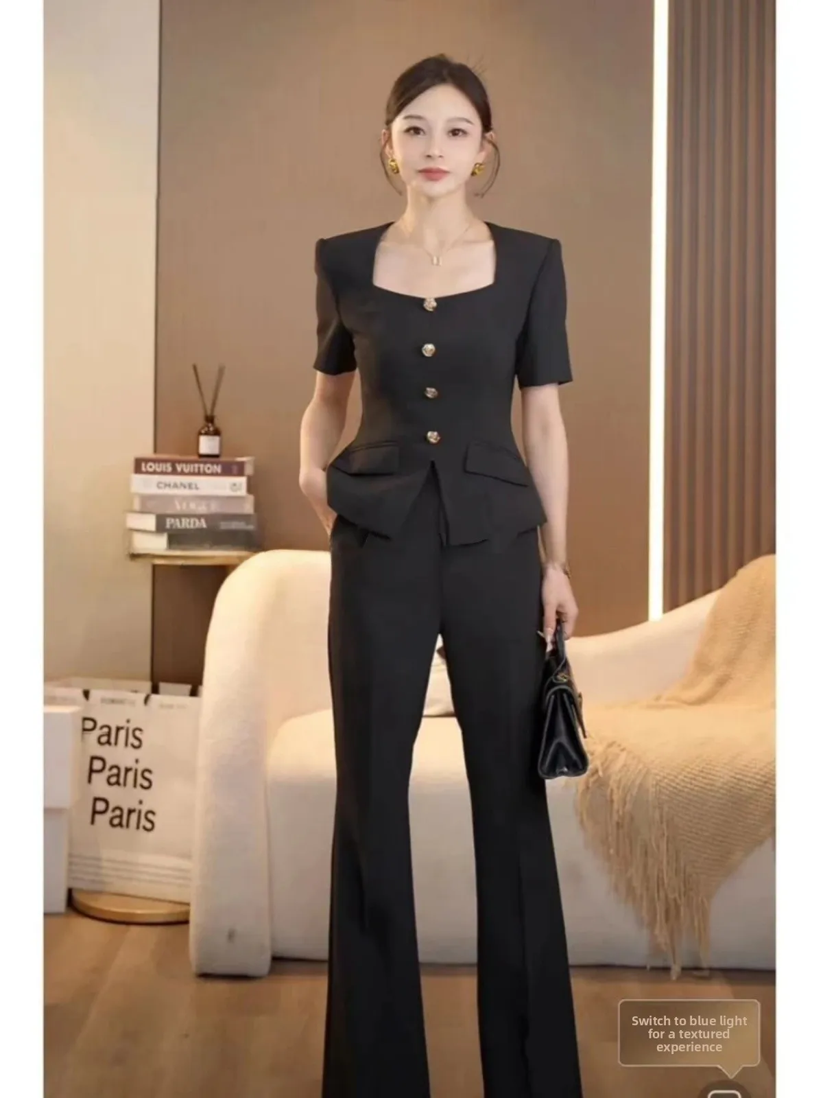 

Elin mat Bla High Waist ort Sve Suit Set Square Collar Pants Faionable Ele Chinese Brand Women's Clothing