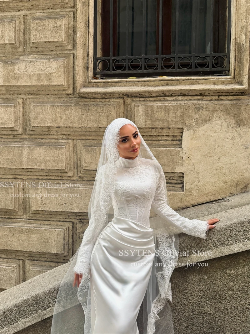 SSYTENS Vintage Lace Appliqued Muslim Mermaid Wedding Dresses Long Sleeves High Collar Bridal Gown Vestidos De Noiva Customized