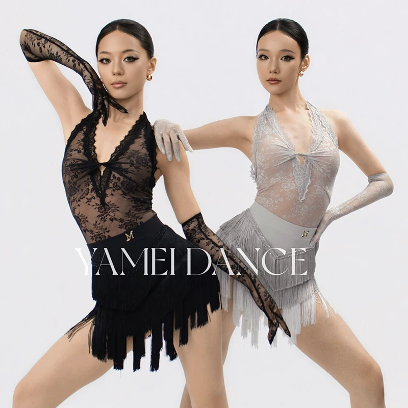 

Sexy Latin Dance Clothes Women V Neck Lace Bodysuit Full Tassel Skirt Adult Chacha Rumba Practice Competition Dresses NV27325