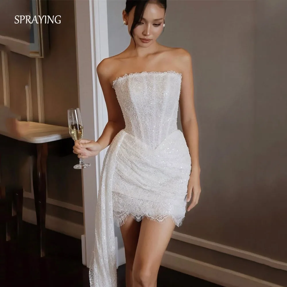 

SPRAYING Mini Ivory Sparkly Lace Wedding Dress Strapless Set Sleeve Bridal Gowns A line Short Engagement Party Dress Customized