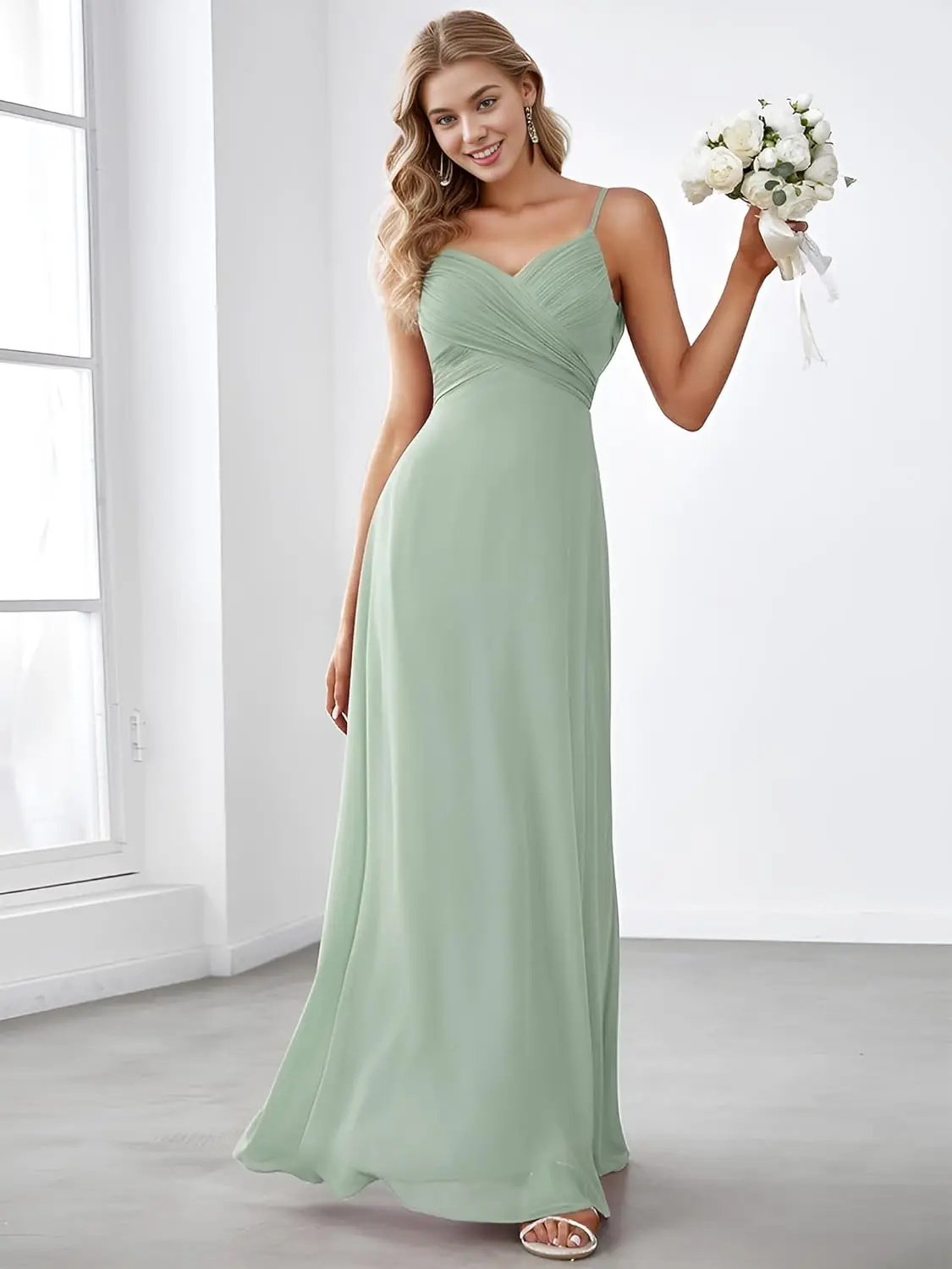 

Elegant Dress Women's Sexy Spaghetti Straps Cowl Back Empire Waist A Line Pleated Chiffon Bridesmaid Dress Evening Party Prom