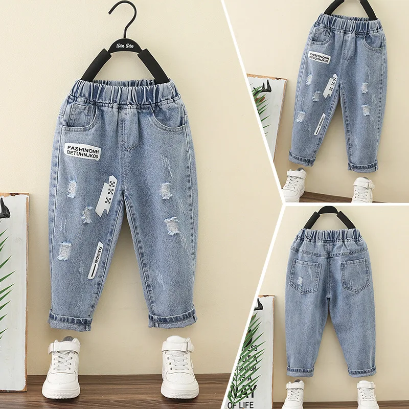 Children's Ripped Jeans Pants Spring and Autumn Clothes Casual Boys Straight Pants Baby Girls Trousers Size: 90-140