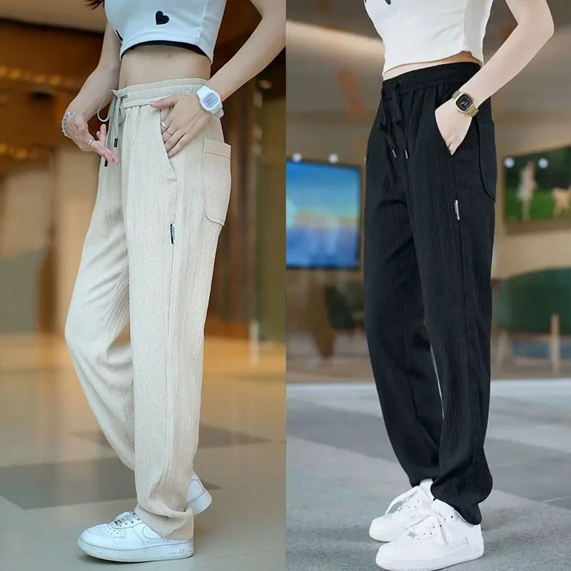 Women's Straight Leg Ice Silk Casual Pants Elastic Quick Dry Lightweight Drapey Summer Thin Long Trousers Loose plus Size