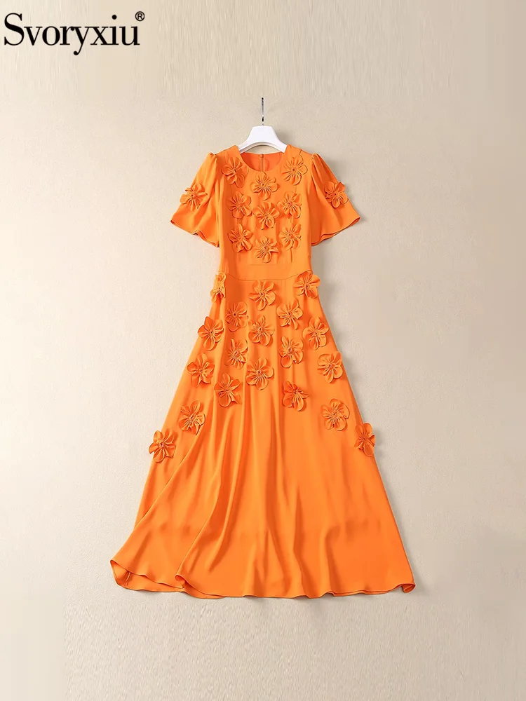 Svoryxiu Fashion Runway Summer Orange Elegant A-Line Midi Dress Women's O-Neck Short Sleeve Gorgeous Appliques Long Dress