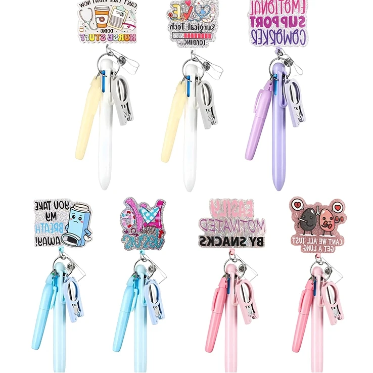 

5in1 Nurse Pen Set Retractable ID Badge Clip Reels Holder Name Holder Keychain Ballpoint Pen Folding Scissors For Nursing Doctor