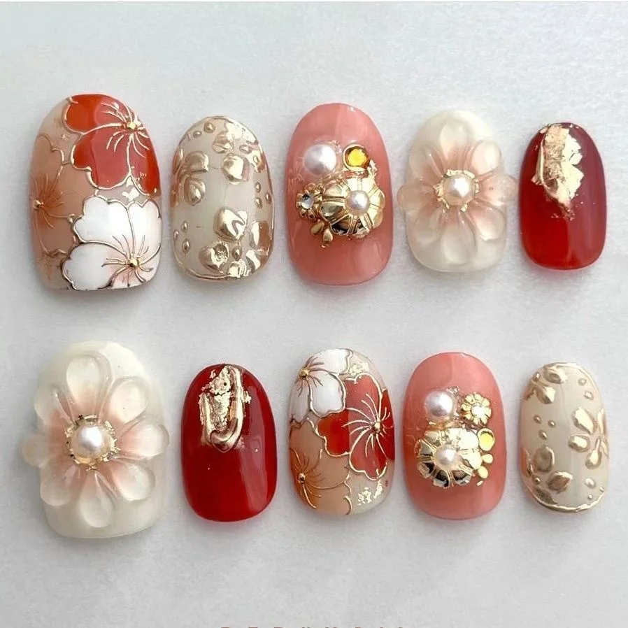 

Camellia custom press-on nails, hand-painted elegant floral press-on nails, artist artificial nails, reusable quality nails.
