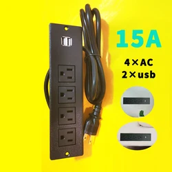 15A US Hidden Table Socket 2 USB 4 Outlet Surface Mountable Recessed Furniture Sofa Charger Power Strip Embedded UL Desk Socket