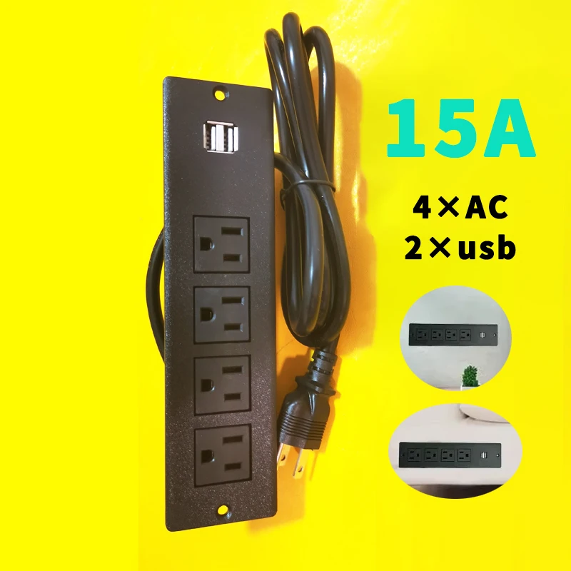 15A US Hidden Table Socket 2 USB 4 Outlet Surface Mountable Recessed Furniture Sofa Charger Power Strip Embedded UL Desk Socket