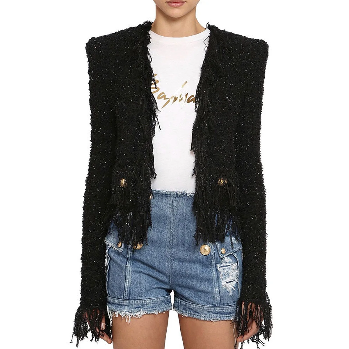 Lion Head Gold Button Women's Formal Jackets Tassel Straight Tweed Jacket Elegant Collarless Black Blazers Autumn New Outerwears