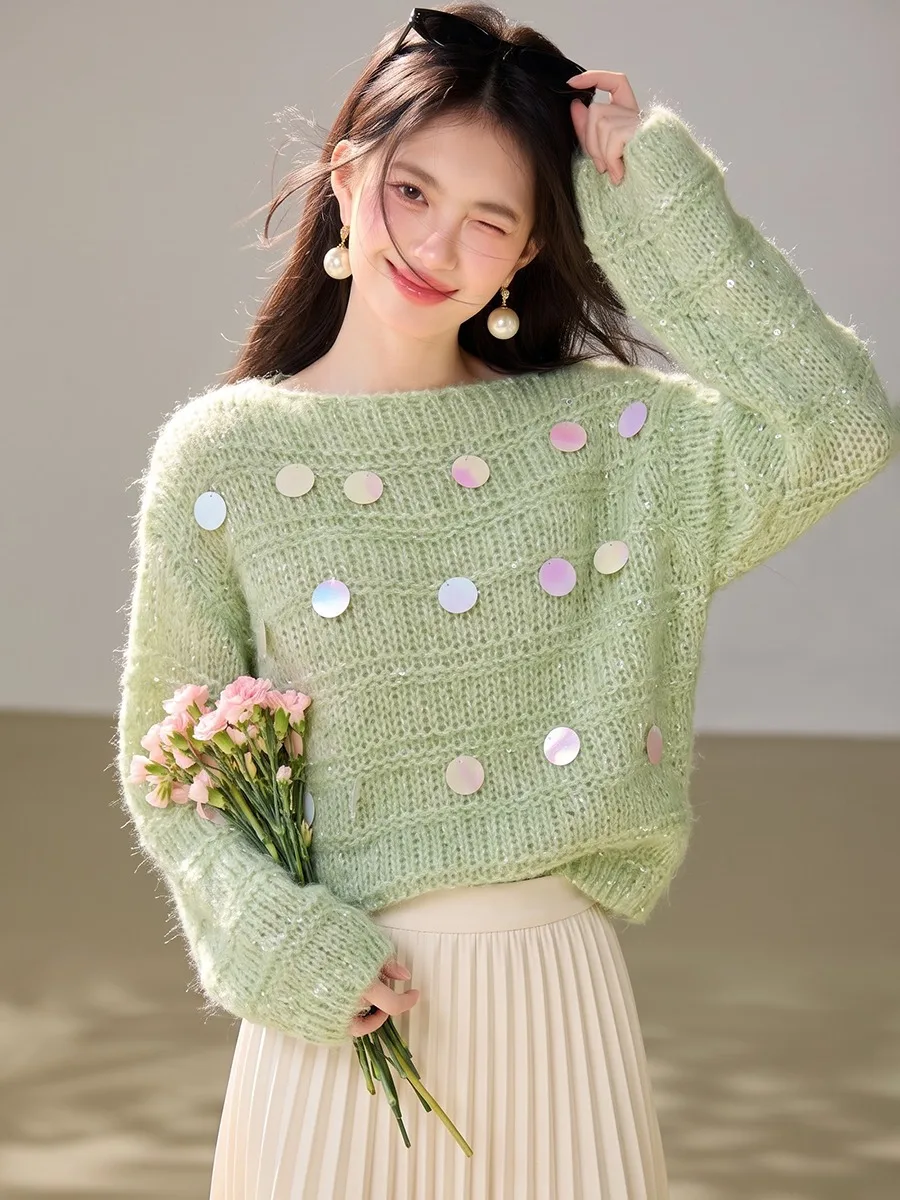 Luminous Bead Knitted Loose Long Sleeve Sweater Women's Autumn Casual Style One-Shoulder Hollow out Comfortable Soft Knitwear