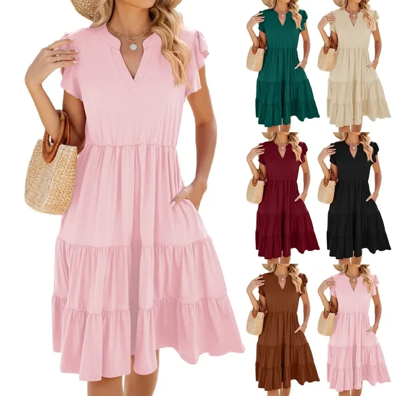 

Fashion Solid Color Patchwork V-neck Loose Casual Beach Short Sleeve Cinched Waist A-line Summer Dress Women's Dresses