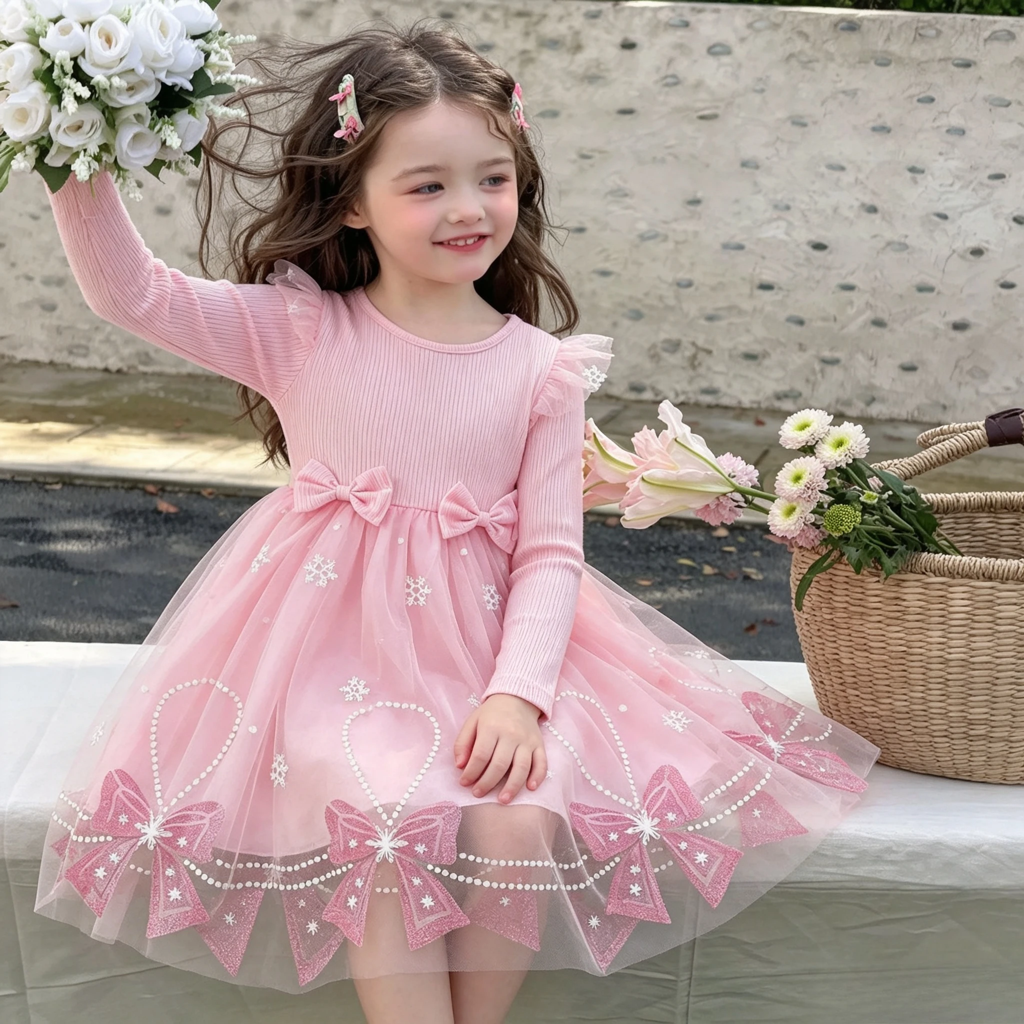 

Girls Spring Fall Beautiful Elegant Party Dress New Stylish Kids Girl Skirt Bow Fashionable Mesh Princess