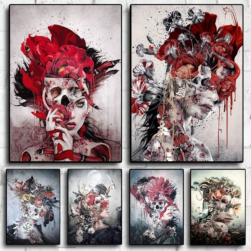 Abstract Skull Face Woman Flowers Poster Portrait Aesthetics Canvas Painting Wall Art Picture for Living Room Home Decor Print