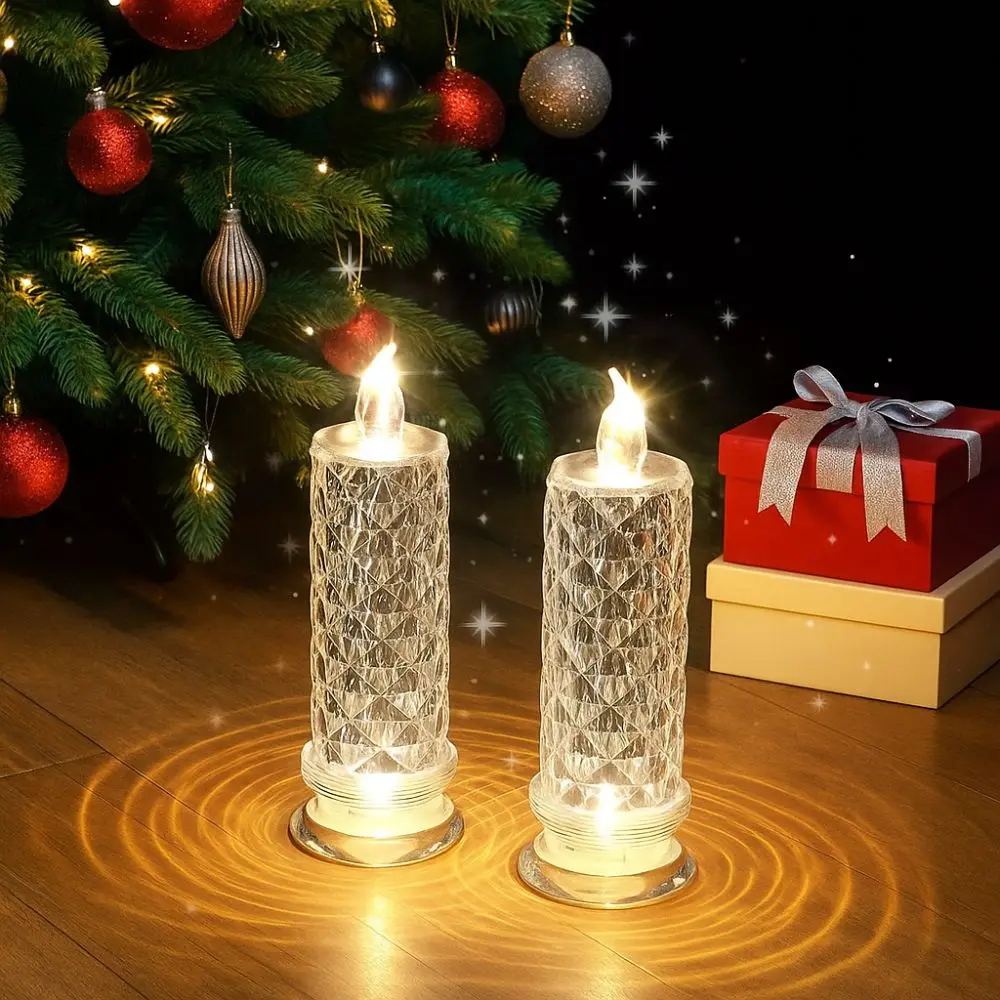 2Pcs Rose Projection Crystal LED Candle Light Battery Powered Transparent Christmas Decoration Lights Simulation Candle