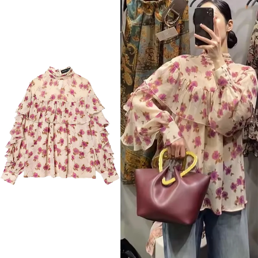 Women Spring Button Ruffle Top Women Fashion Printed Stacked Decorative Shirt Tourist Trendy Clubwear Female Shirt