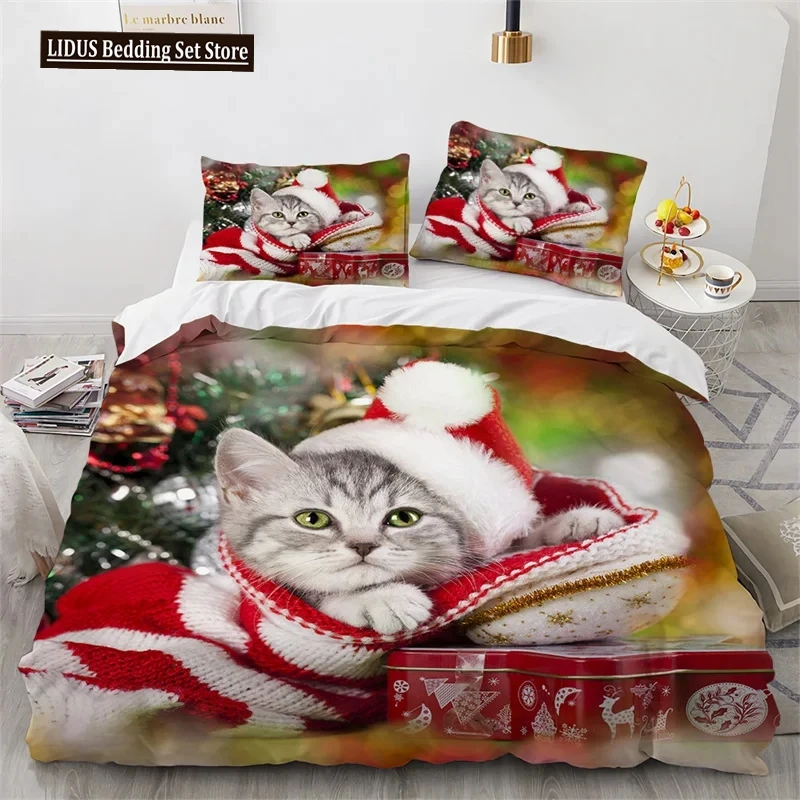 

Cat Merry Christmas Santa Claus Bedding Set Boys Girls Twin Queen Size Duvet Cover Pillowcase Bed Boys Adult Home Textileextile