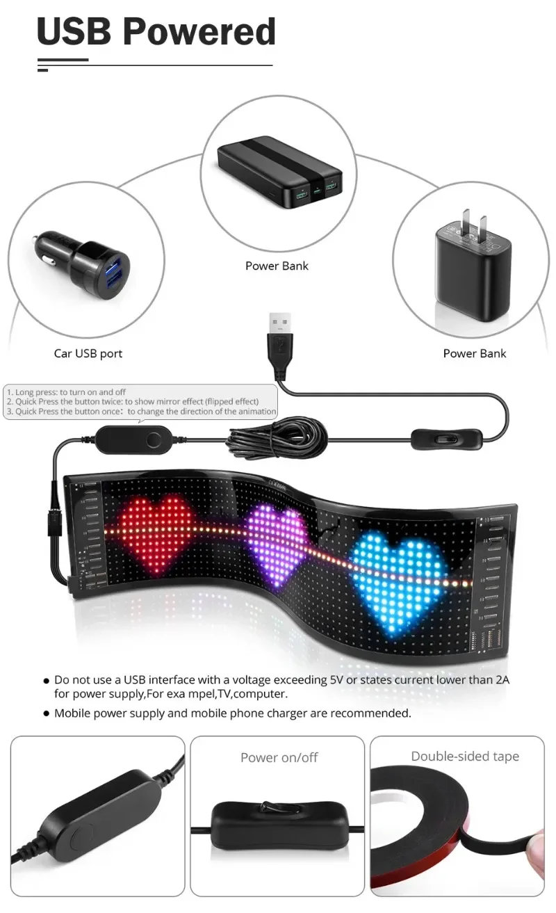 LED Screen Module RGB Text Scrolling APP Or Bluetooth Control Flexible LED Panel Light For Car Window Decoration Shop Billboards