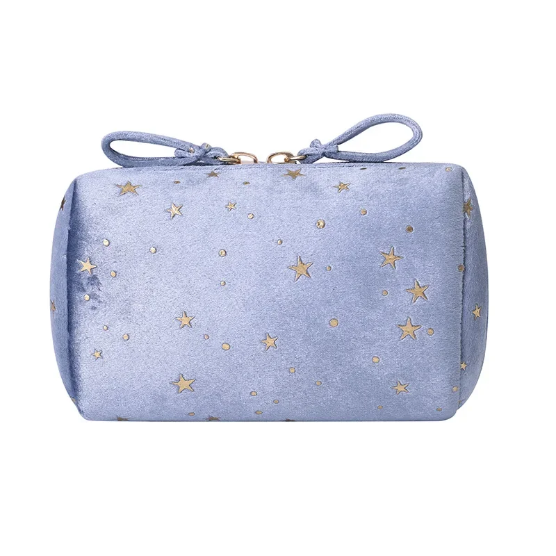 Bolsa de cosméticos con decoración de estrellas para mujer, bolsa de almacenamiento de maquillaje de terciopelo suave, bolsa de viaje, paquete de