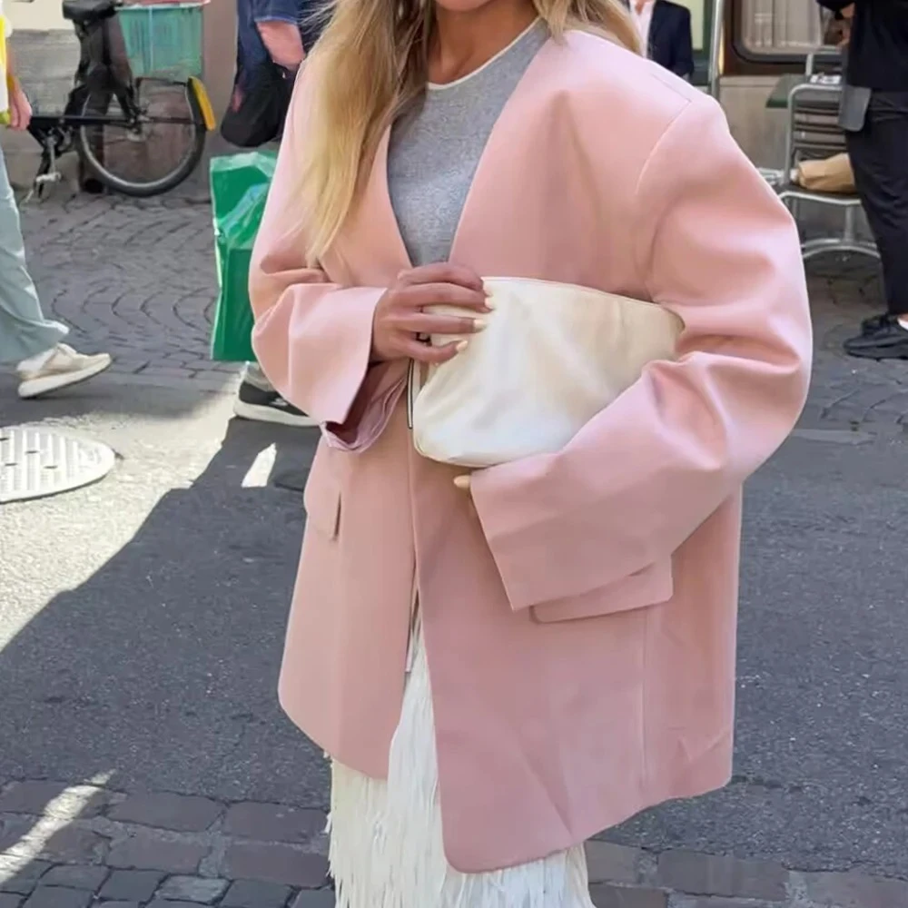 KONDALA  Pink Vintage Long Sleeve Streetwear Women Casual Blazer Office Lady Single Breasted V-Neck Chic Y2K Female Outwear