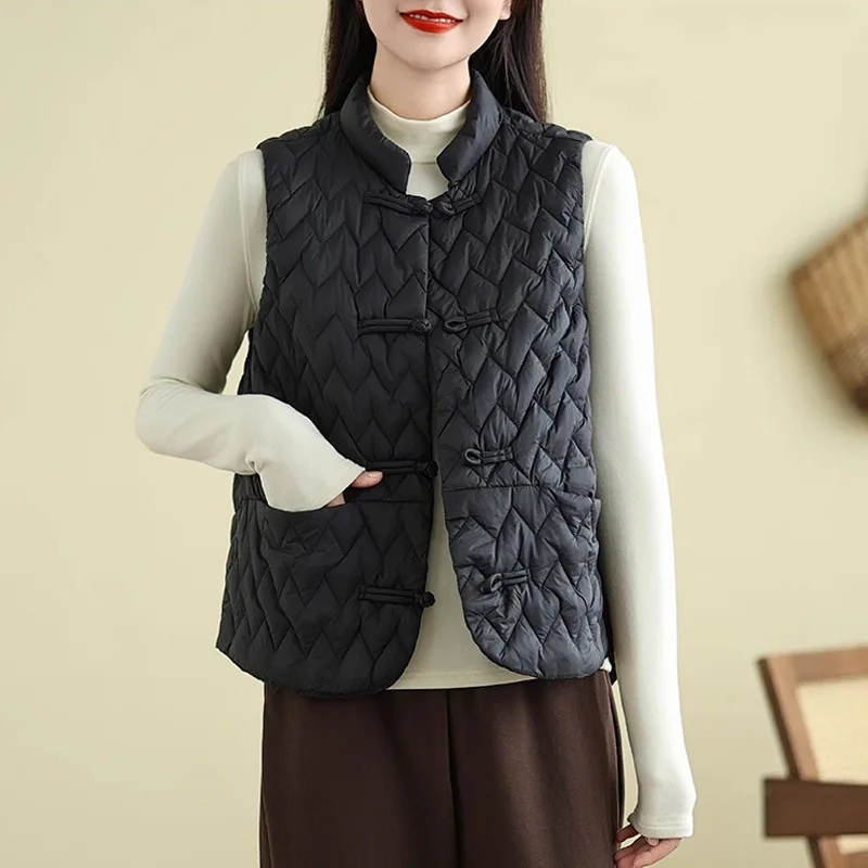 Down cotton jacket women 2026 High-quality winter light sleeveless vest button pocket women's cotton coat clothing