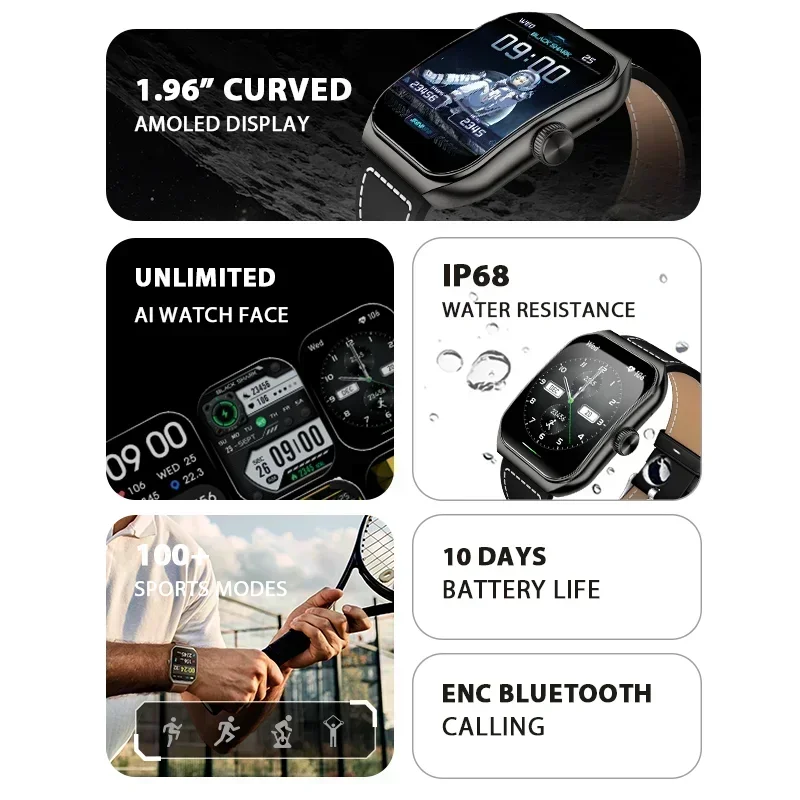 Support Bluetooth Call 100+ Sport Modes Smart Watch 1.96'' Curved Amoled Display