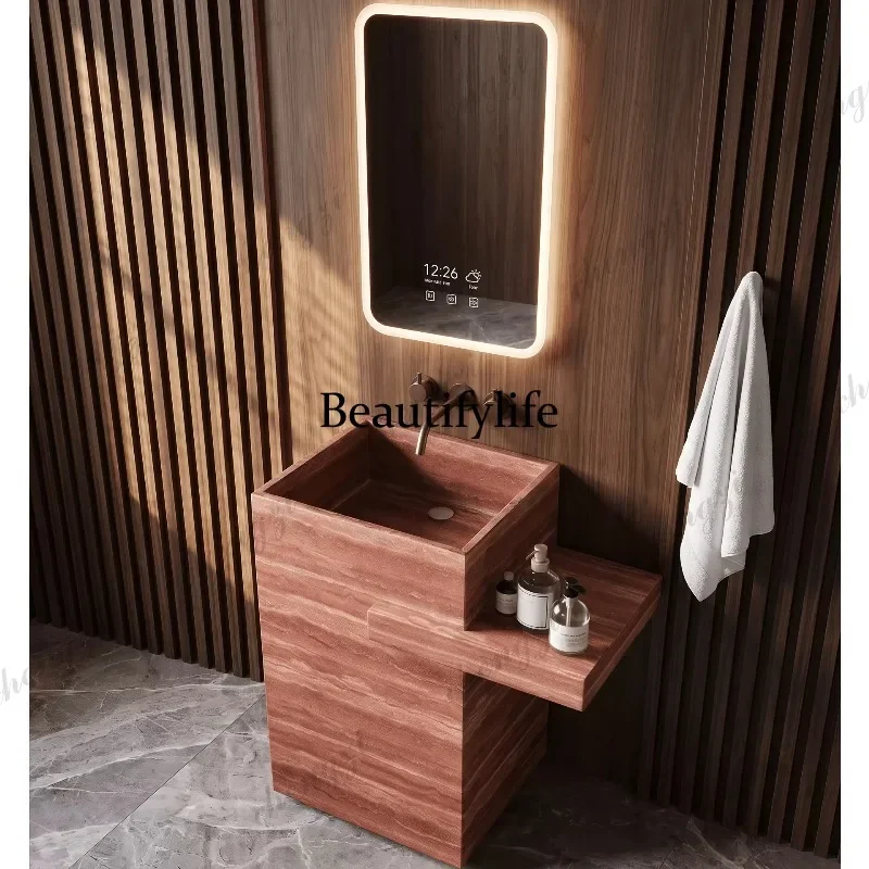 D136 Hotel medieval style red travertine floor integrated column basin rock slab wash basin outdoor washbasin vertical washing t