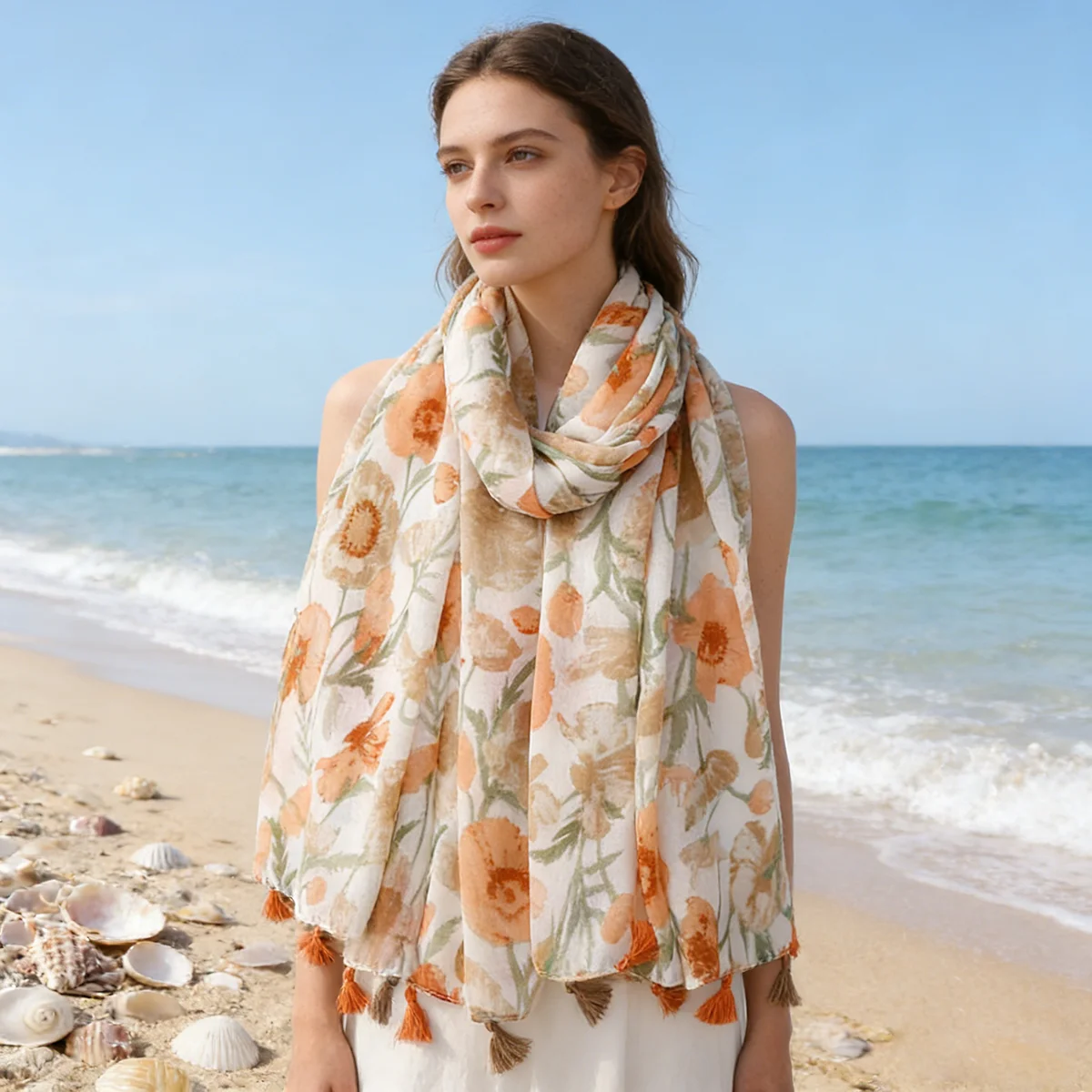 Women's Orange & Brown Poppy Floral Print Scarf, Lightweight Breathable Polyester Neck Scarf, 88x180cm Large Decorative Shawl, C