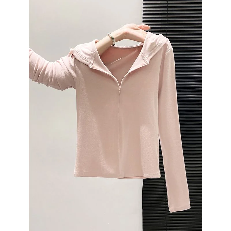 Women Pink Half Zip Hooded Long Sleeve T Shirt Slim Fit Minimalist Casual Outer Top Early Autumn
