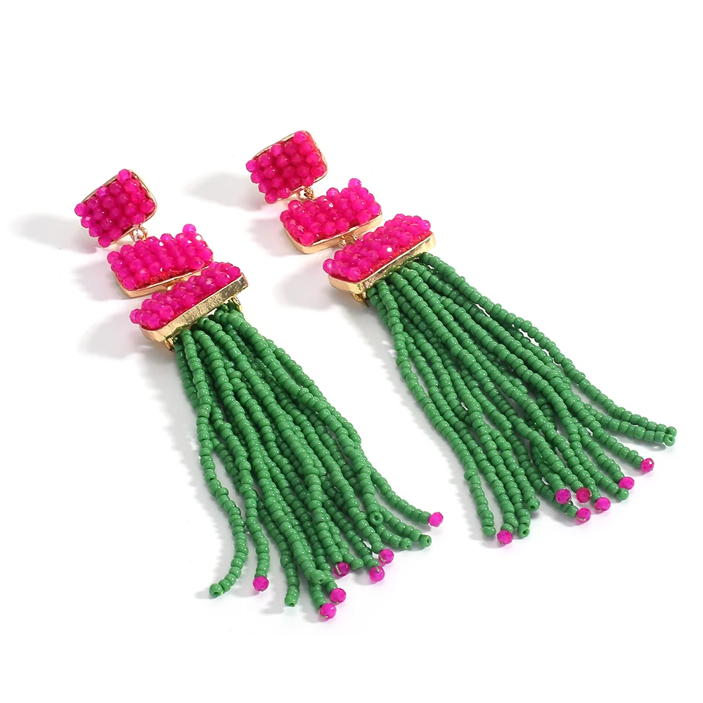 Bohemian Seed Bead Long Tassel Earrings Layered Handmade Vintage Statement Drop Earrings Jewelry Party Accessories