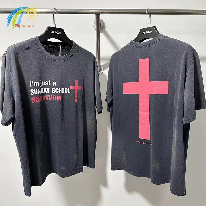 

25SS High Street Vintage Washed Black PROJECT T-Shirt Men Women Best Quality Oversized Tee Tops Damaged T Shirt With Tags