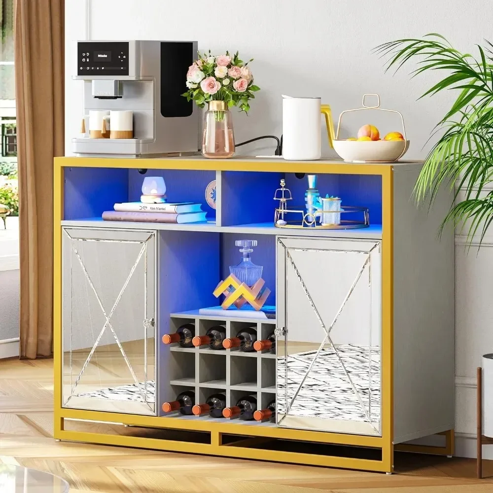 Armoire de bar avec prises de courant, armoire de café-bar avec lumières LED et perfecWine T1, armoire de planche de rangement pour français ou