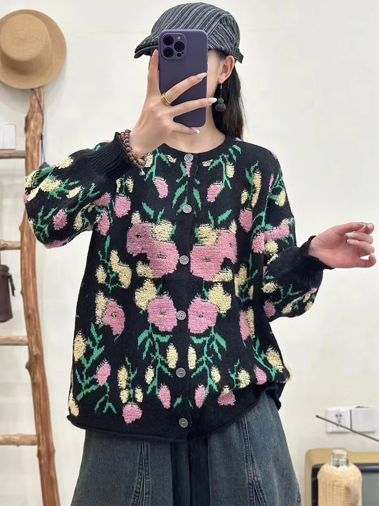 Max LuLu Fall Korean Floral Cardigans Womens Fashion Loose Printed Sweater Ladies Classic Casual Luxury Big Size O Neck Knitwear