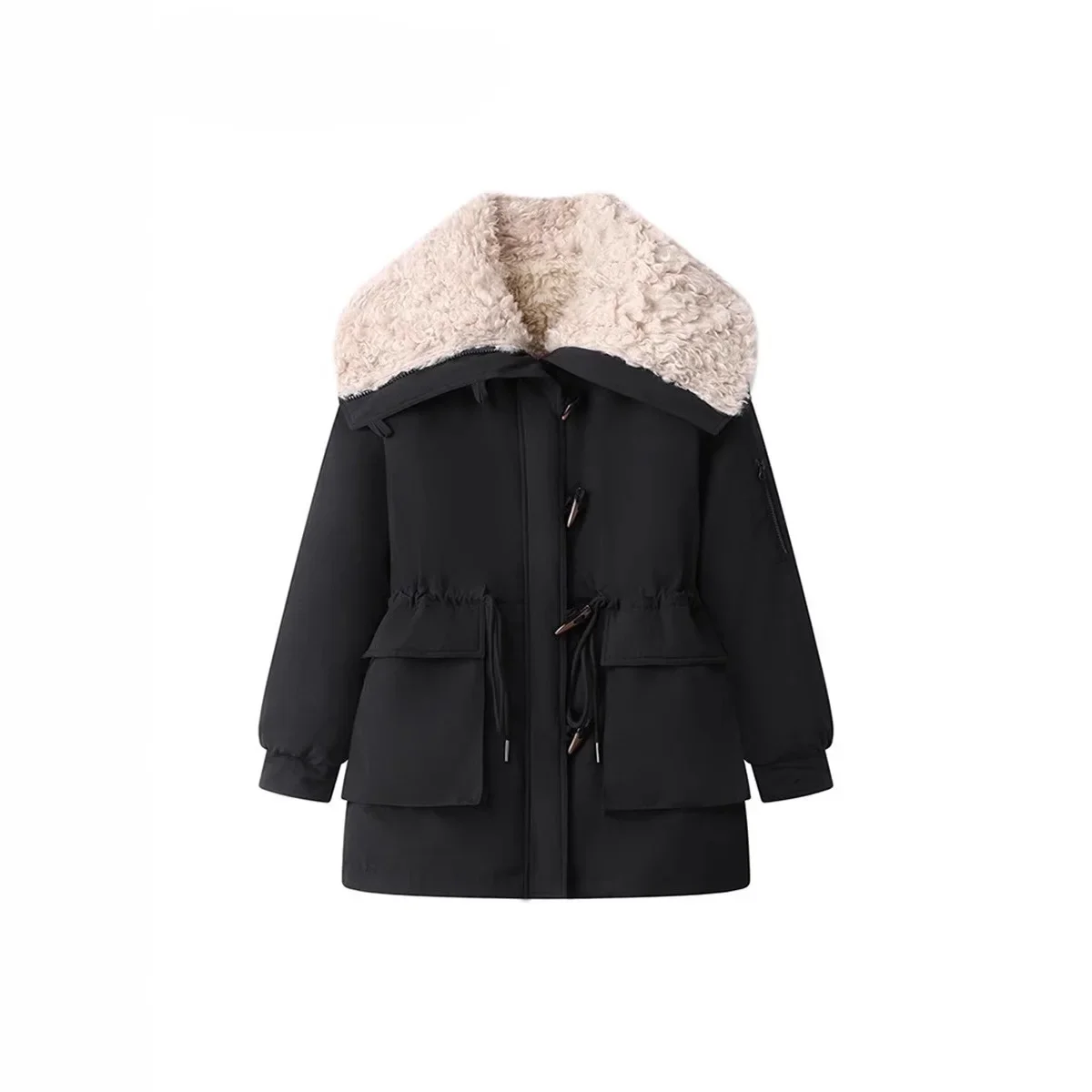 Lamb Wool Large Lapel Horn Buckle Waist Tooling Velvet Women's Winter 2025 New Thickened