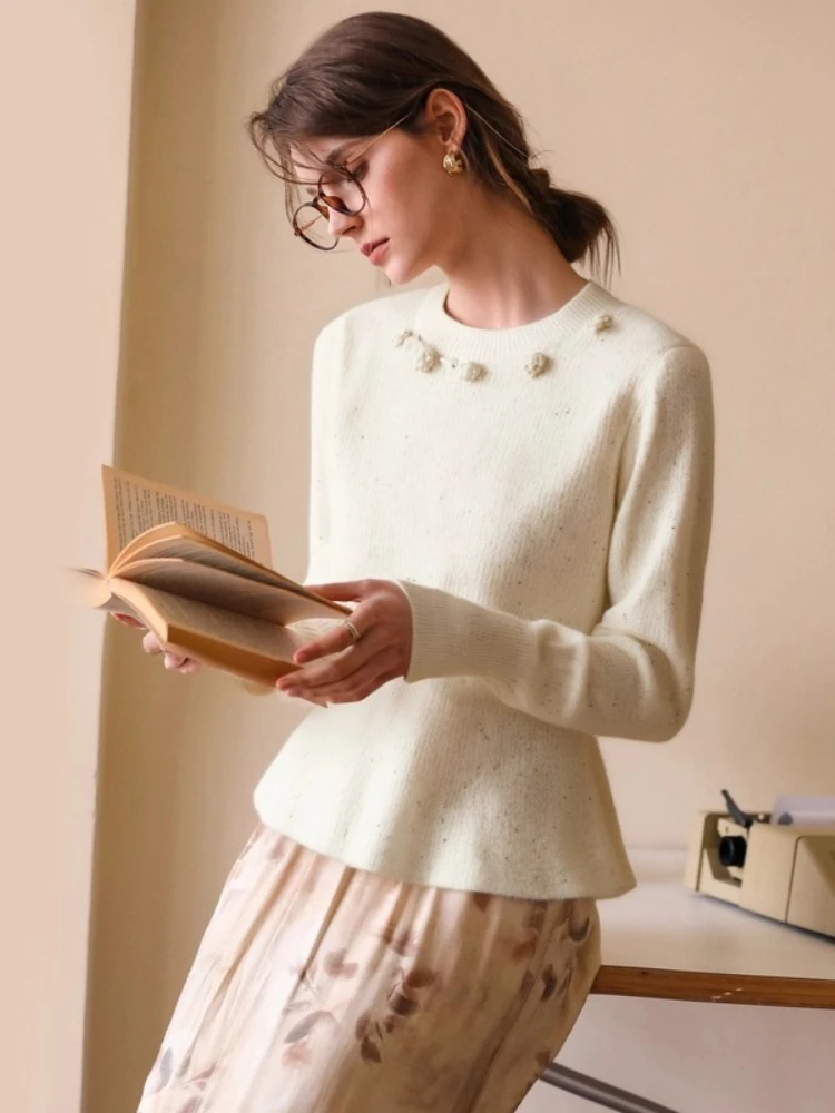 

OLrain Women's French Sweaters O-Neck Jacquard Waist Pullover Sweater 2025 Autumn New Simple Elegant Long Sleeve Top O57QM000632