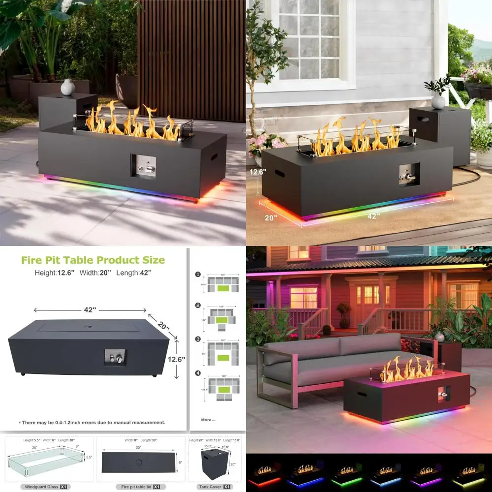 

Rectangular Outdoor Gas Fire Pit Table with 50,000 BTU, LED Light, Wind Guard, Lid, Rocks, and Cover