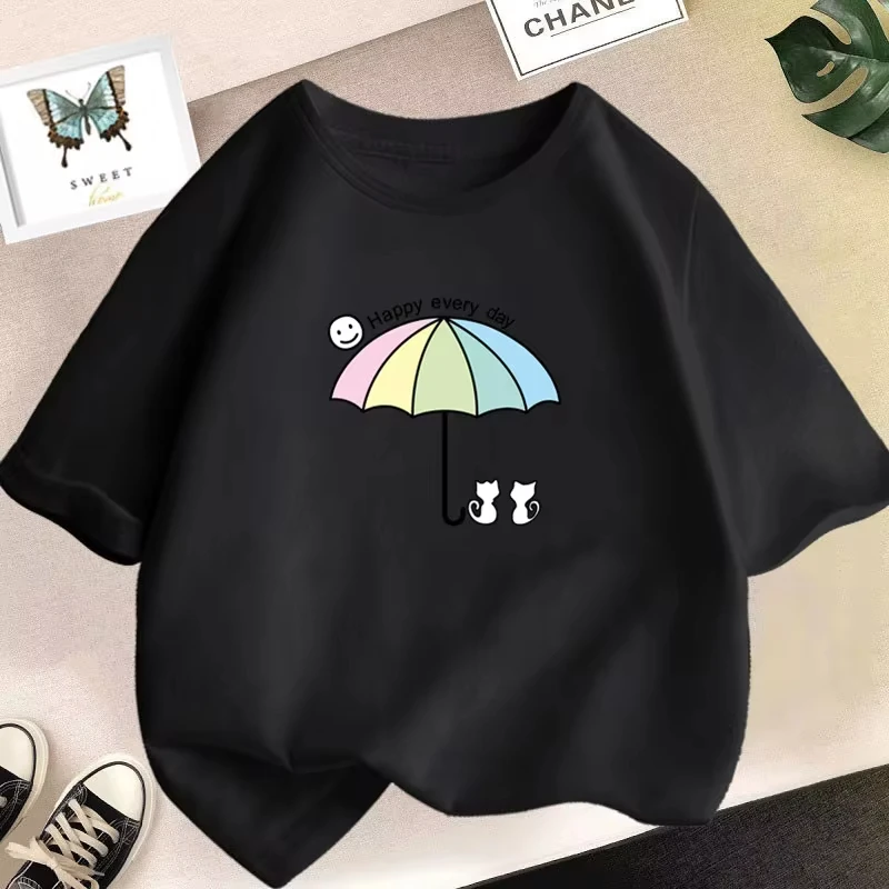 Summer Kids Kawaii Tshirt Girl Summer Tees Cute umbrella Cat T-shirt Children Cartoon Clothes O-neck Pink Tops