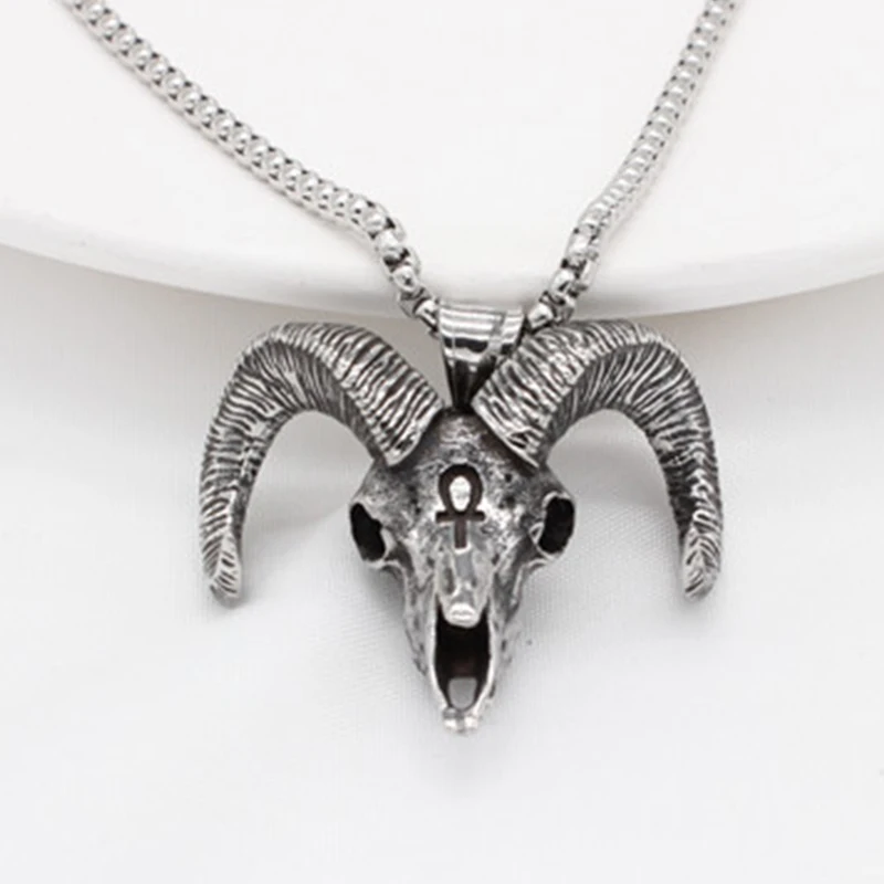 Vintage Satan Goat Stainless Steel Necklace Hanging Men Chain Street Hip Hop Style Lucifer Satan Skull Pendant Goth Jewelry