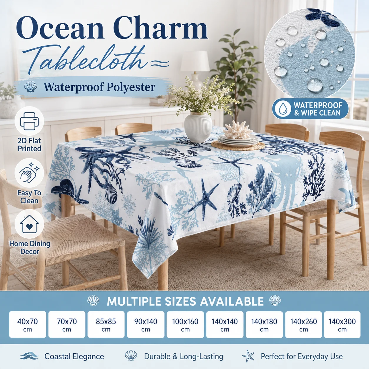 

Ocean Charm Tablecloth Waterproof Polyester 2D Flat Printed Table Cover Octopus Coral Pattern For Dining Room Kitchen Party