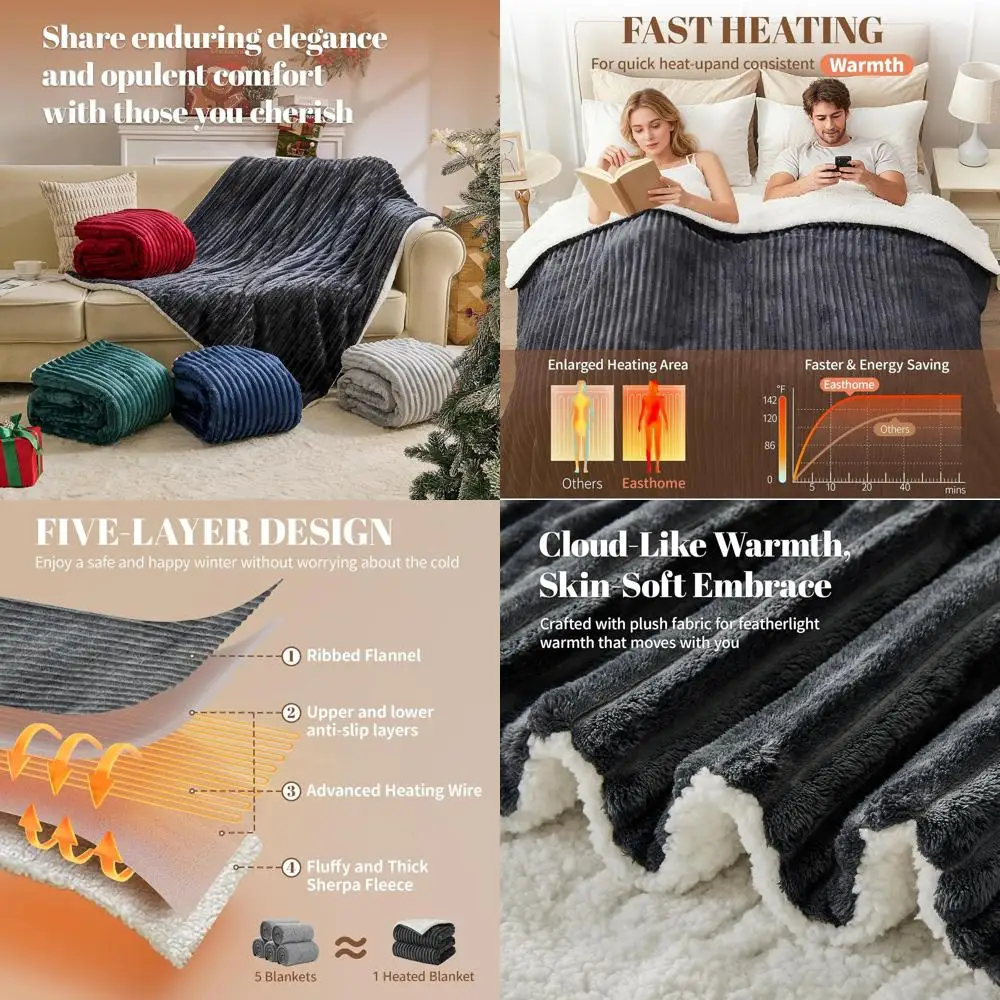 

Электрическое одеяло с двойным управлением, размер Queen, 84x90 - 6 уровней нагрева, автоматическое отключение через 10 часов, мягкий фланель, защита от перегрева, сертификат ETL, Da