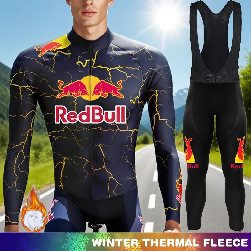 

Red Bull Fleece Jersey Cycling Men's Bicycle Clothing Shirt Winter Thermal Bib Man Set Mountain Bikes Cycle Suit Long Sleeve Mtb