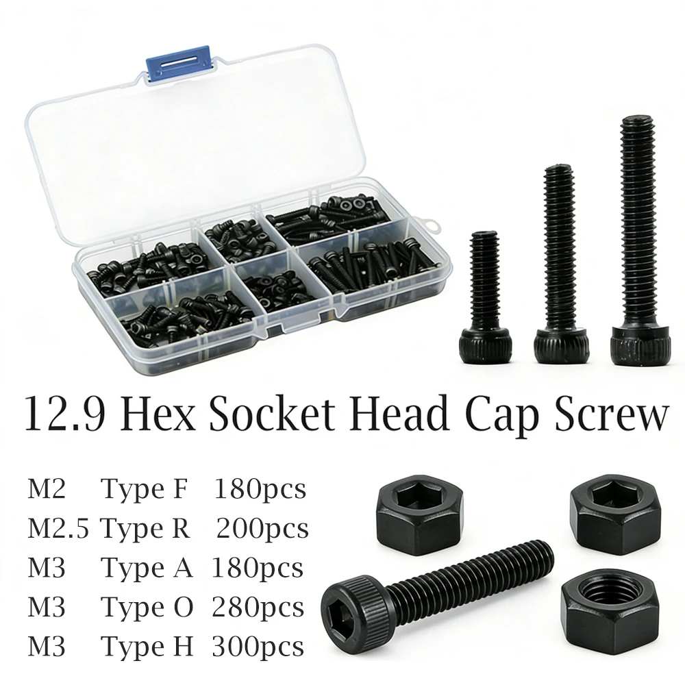 180-300pcs M2-M3 12.9 Hex Socket Cap Screws, Black Carbon Steel Metric Bolts, High Strength Machine Screws for DIY Use