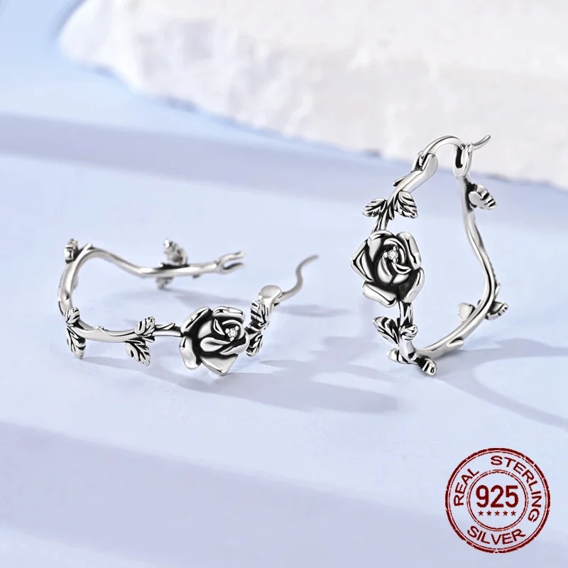 925 Sterling Silver Rose Hoop Earrings Oxidized Vintage Twisted Rose Vine Clear CZ Paved Floral Hoops Jewelry for Women Gift