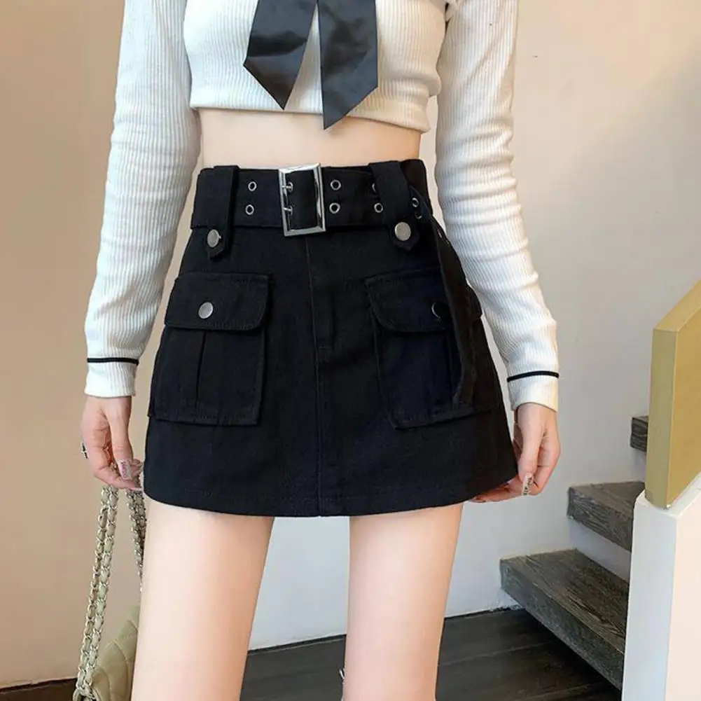 

Women Skirt Korean Style High Waist Mini Skirt with Belt Short Culotte Skirt Streetwear Big Pocket Cargo Skirt Shorts Lady