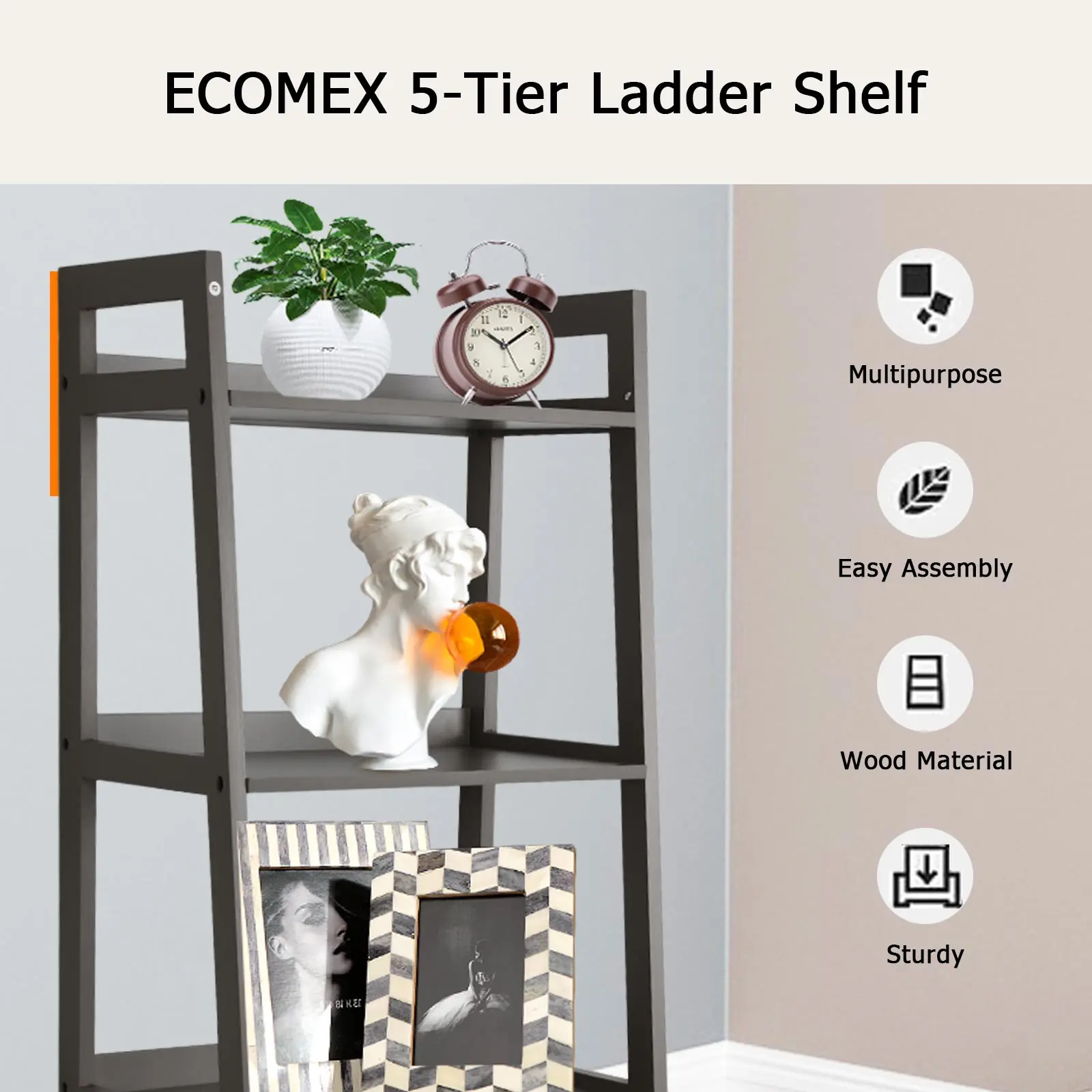 5 Tier Bookshelf, Modern Open Bookcase, Ladder Bookshelf Open Storage Rack Wood Ladder Shelf, Bookcase Shelf Storage Organizer