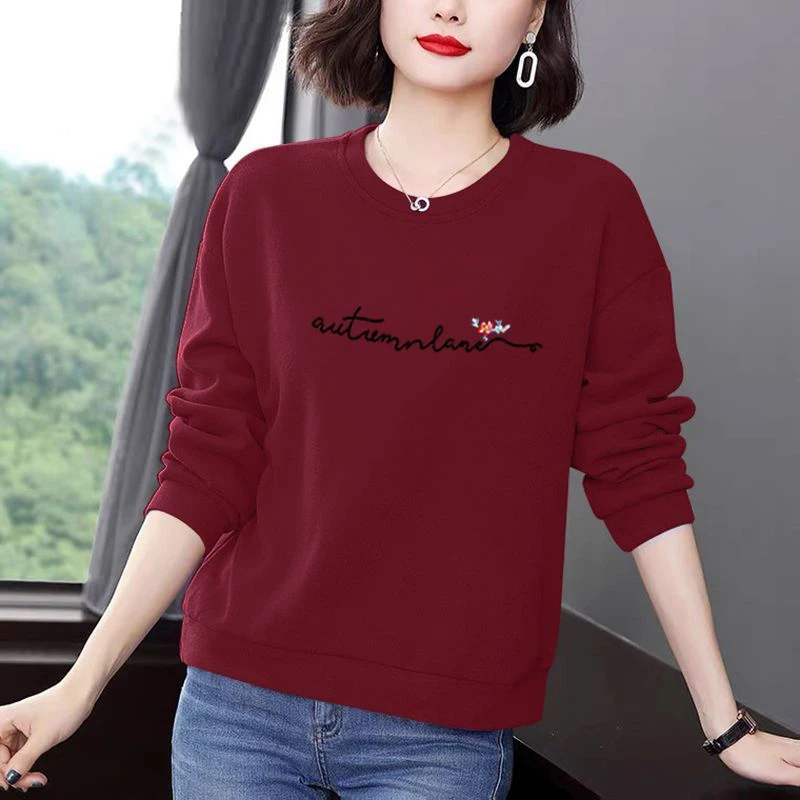 Women Clothing Autumn Winter Korean Floral Letter Print Y2K Plush Thick Sweatshirt Trendy Casual Long Sleeve Loose Pullover Tops