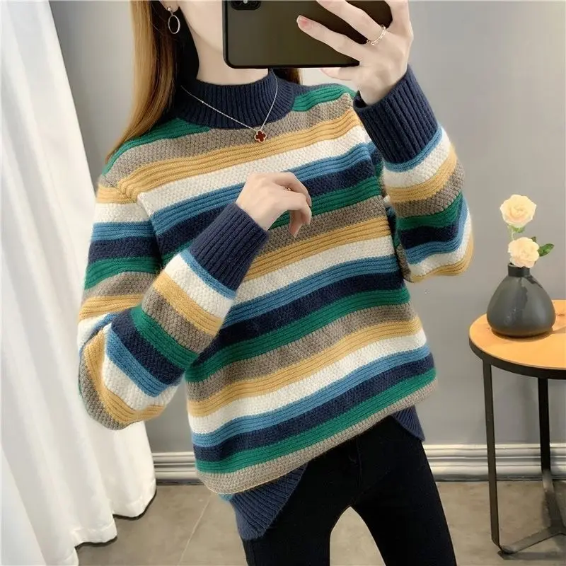 

Autumn and Winter Women's Pullover Half High Neck Striped Sweater Loose and Thickened Knitted Underlay Fashion Long Sleeve Tops