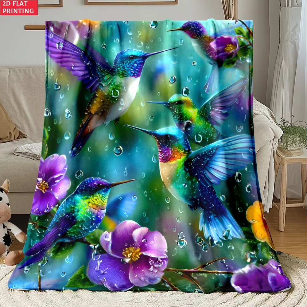 Glowing Neon Hummingbird Floral Pattern Throw Blanket Psychedelic Water Lily Flower Starry Sky Print Decorative Sofa Blanket
